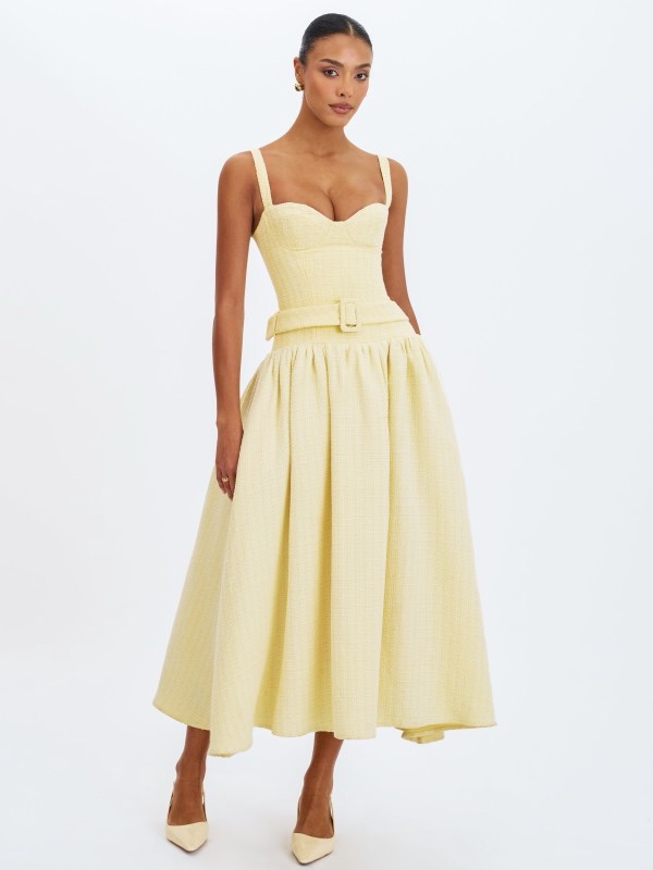 Tiana Butter Yellow Sweetheart Belted Midi Dress